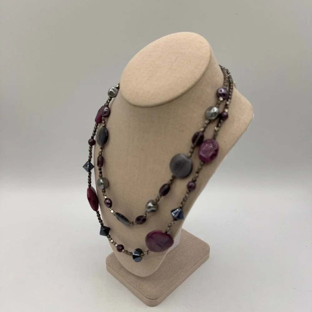 Chico's Beaded Necklace Purple Grey Double Strand Layered Boho Statement Artsy